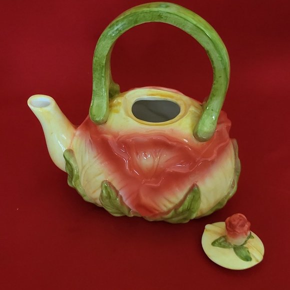 Ceramic Pink Flower and Leaves Tea Pot with Lid - Picture 10 of 13